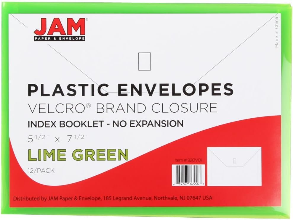 JAM PAPER Plastic Envelopes with Hook & Loop Closure - Index - 5 1/2 x 7 1/2 - Lime Green - 12/Pack