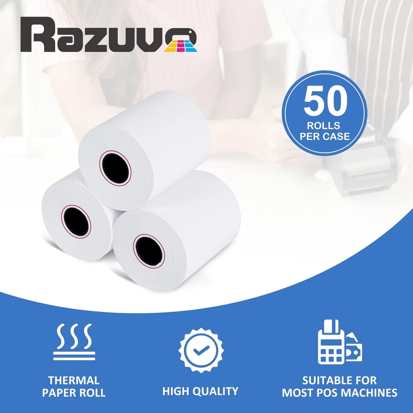(50 Rolls) 2 1/4 X 85 Thermal Receipt Paper Rolls- Fits All Pos Cash Registers, For Clover POS Cash Register Printers-Premium Quality German Paper