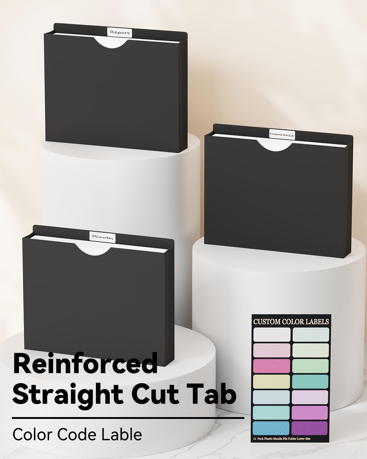 ANSOOK 2 Inch Plastic File Jackets, Manila File Folders Letter Size, Heavy Duty Expanding File Folders, Expansion Pocket, Reinforced Straight Cut Tab, 12 Pack, Black Folders for Office School Home