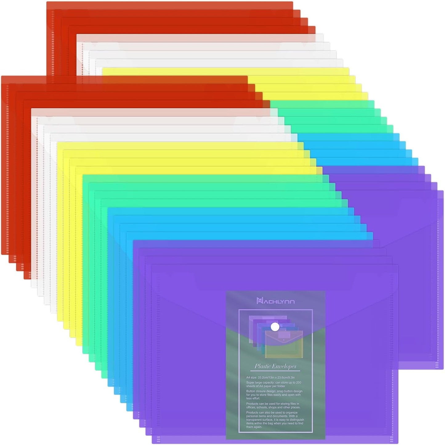NACHLYNN 48pcs Plastic Envelopes Poly Envelopes with Snap Closure A4 Size Clear Document File Folders Organizers Assorted Color Envelope for School Office Supplies