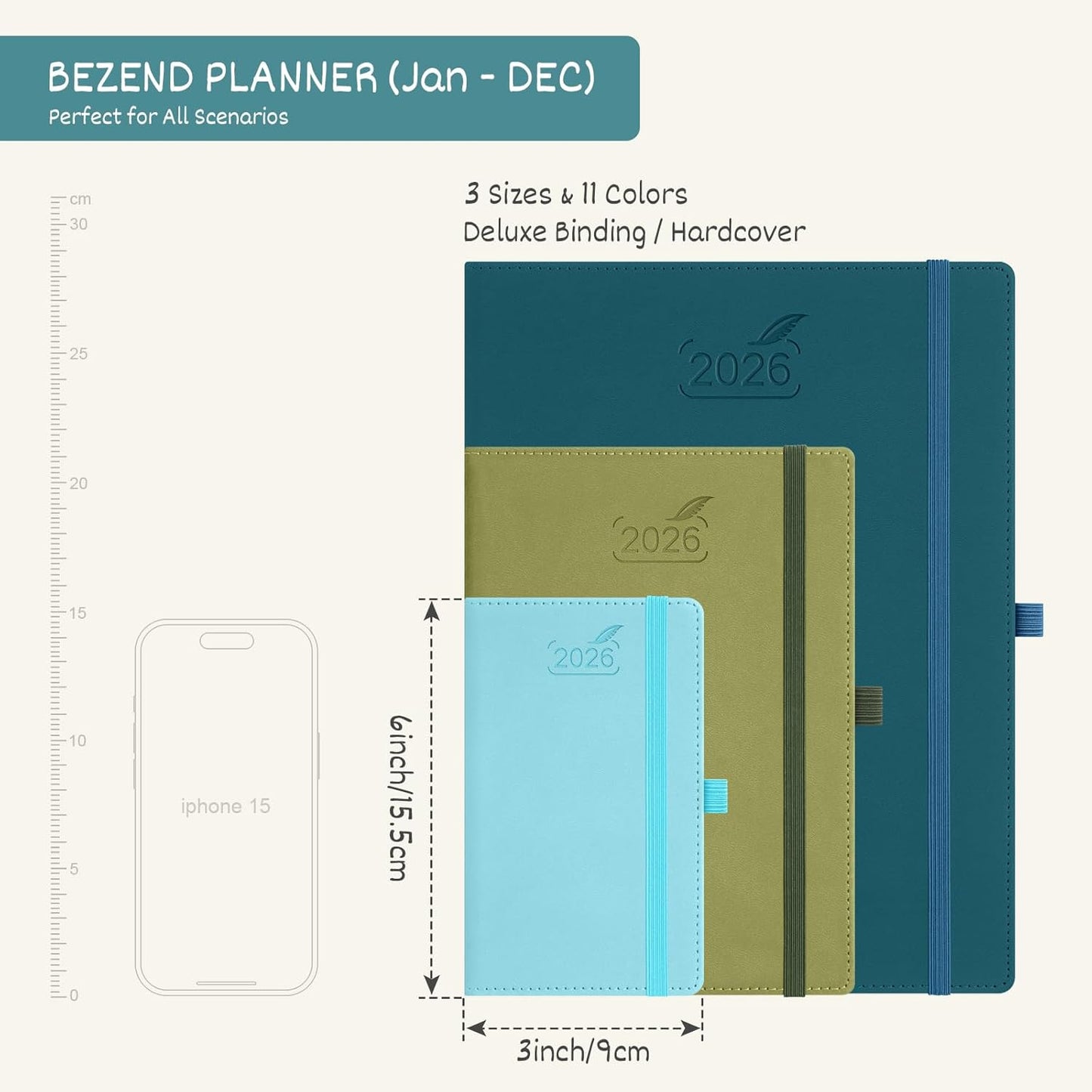 BEZEND Pocket Calendar 2026 Weekly and Monthly (3.5" x 6") Small Daily Planner for Purse (Jan-Dec) with Notes & Expenses, Inner Pocket, Pen Holder, Vegan Leather Hardcover - Kiwi