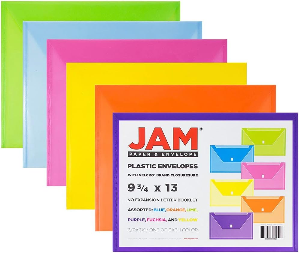 JAM PAPER Plastic Envelopes with Hook & Loop Closure - Letter Booklet - 9 3/4 x 13 - Assorted Colors - 6/Pack