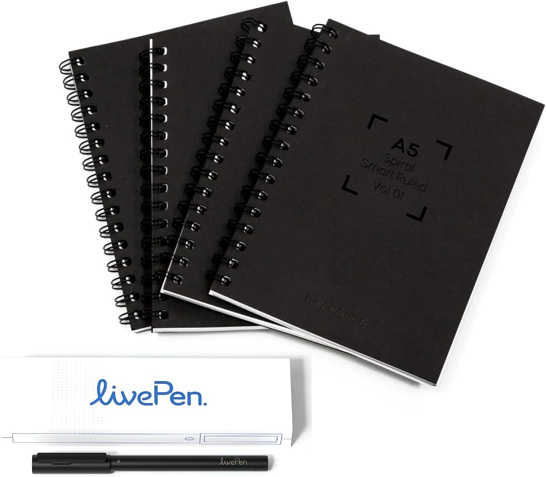 Livescribe LivePen Starter Set | Sync Real Ink and Paper Notes to Phone, Web, Tablet, Desktop, Laptop | Record Audio Synced to Notes | Includes Smart Pen and A5 Journal Notebooks (4-Pack) | APNX-70103
