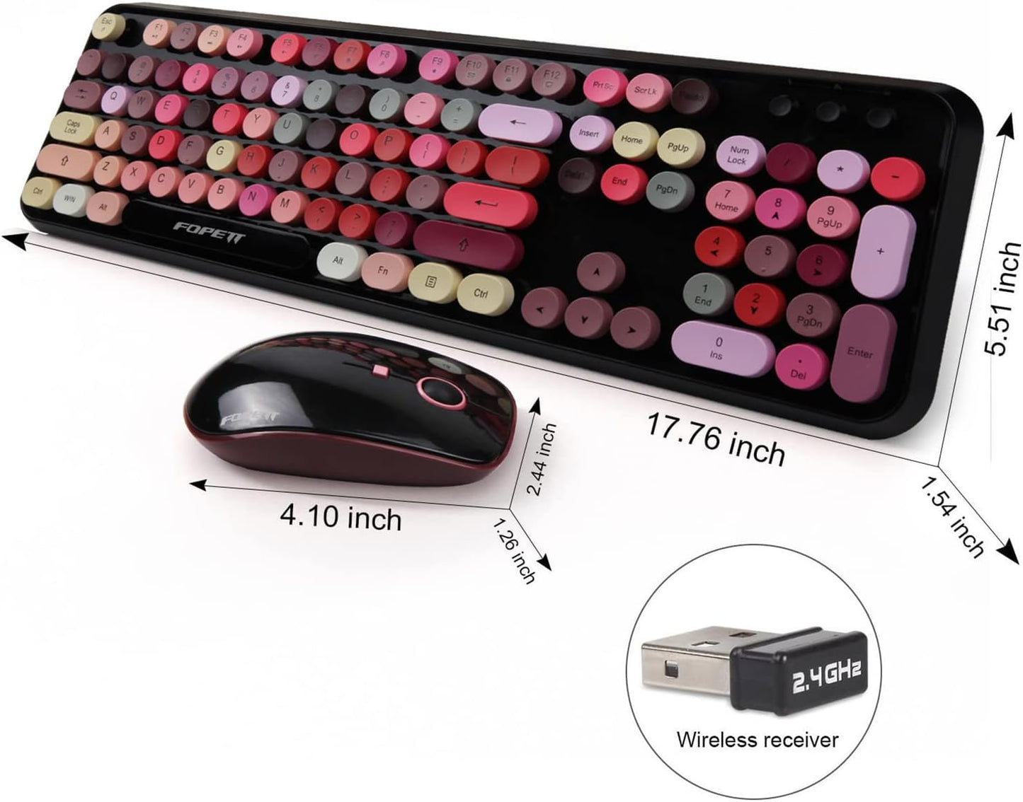 Wireless Keyboard and Mouse Combo, 2.4 GHz Full-Sized Typewriter Keyboard and Mouse Wireless with Round Keycaps for Windows, Computer, Desktop, PC, Laptop (New BlackColorful)