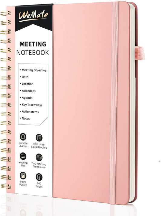 WEMATE Meeting Notebook for Work B5 (7"x10") - PU Leather Work Notebook with Agenda, Action Items & Notes - 200 Pages for Men&Women, Staff and Students, Meeting, Projects Planning -Rose Gold