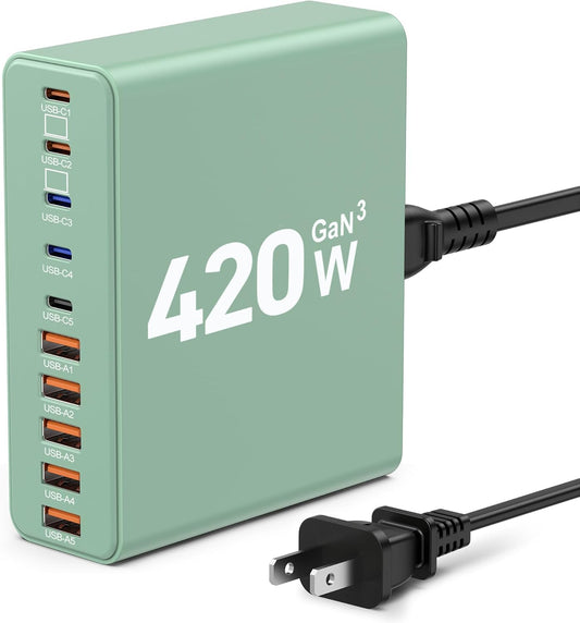 420W USB C Charger Block,10-Port Charging Station GaN Fast Charging Type C & USB A Wall Charger Adapter for MacBook Pro/Air,iPhone,iPad,Dell XPS,Samsung Galaxy(Green)