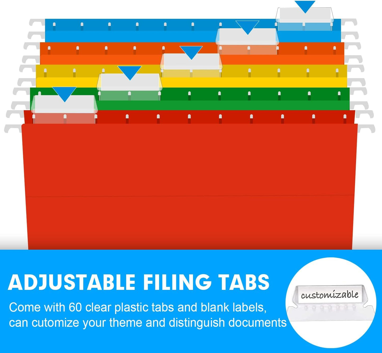 Extra Capacity Hanging File Folders, RAZCC 60 Pack Letter Size Reinforced Hanging Folders with Heavy Duty 2 Inch Expansion for Bulky Files, Filing Cabinet, Adjustable Tabs, Assorted Colors
