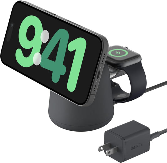 Belkin 2-in-1 MagSafe Wireless Charging Dock 15W Fast Charge iPhone Charger Compatible with iPhone 17, 16, 15, and 14 Series, AirPods, Pixel 10, and Other MagSafe Enabled Devices, PSU Included - Black