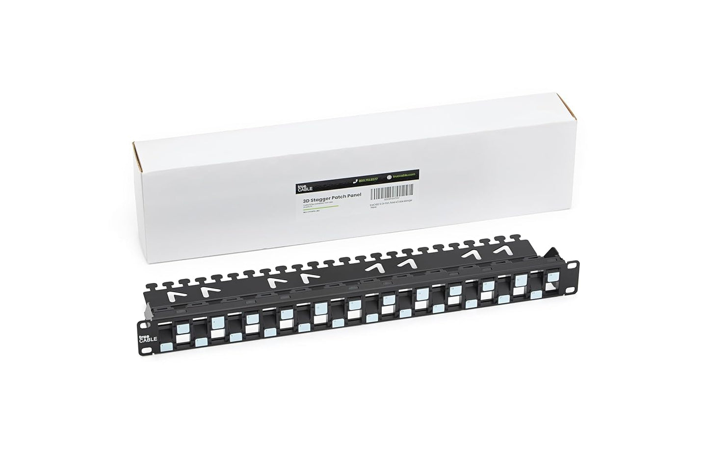 trueCABLE 3-D Staggered 24 Port 19” Toolless Modular Patch Panel, Unshielded, Blank, 1U Rack Mount, with Cable Management Bar, High Density, Black