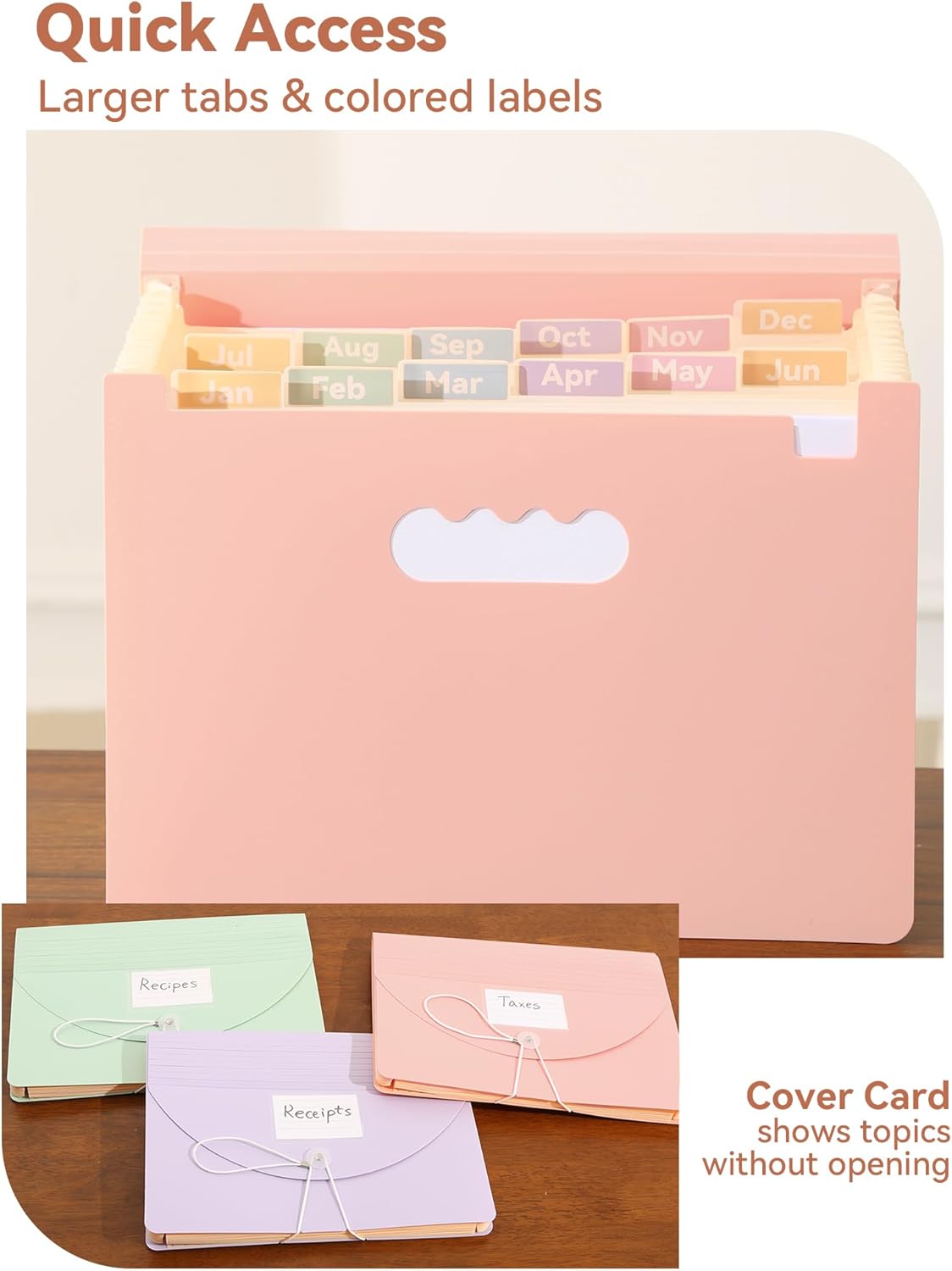 Accordion File Organizer 12 Pockets, Monthly Bill Receipt Tax Organizer, Expanding File Folders with Larger Bright Tabs, Fits Letter/A4 Size - Pink