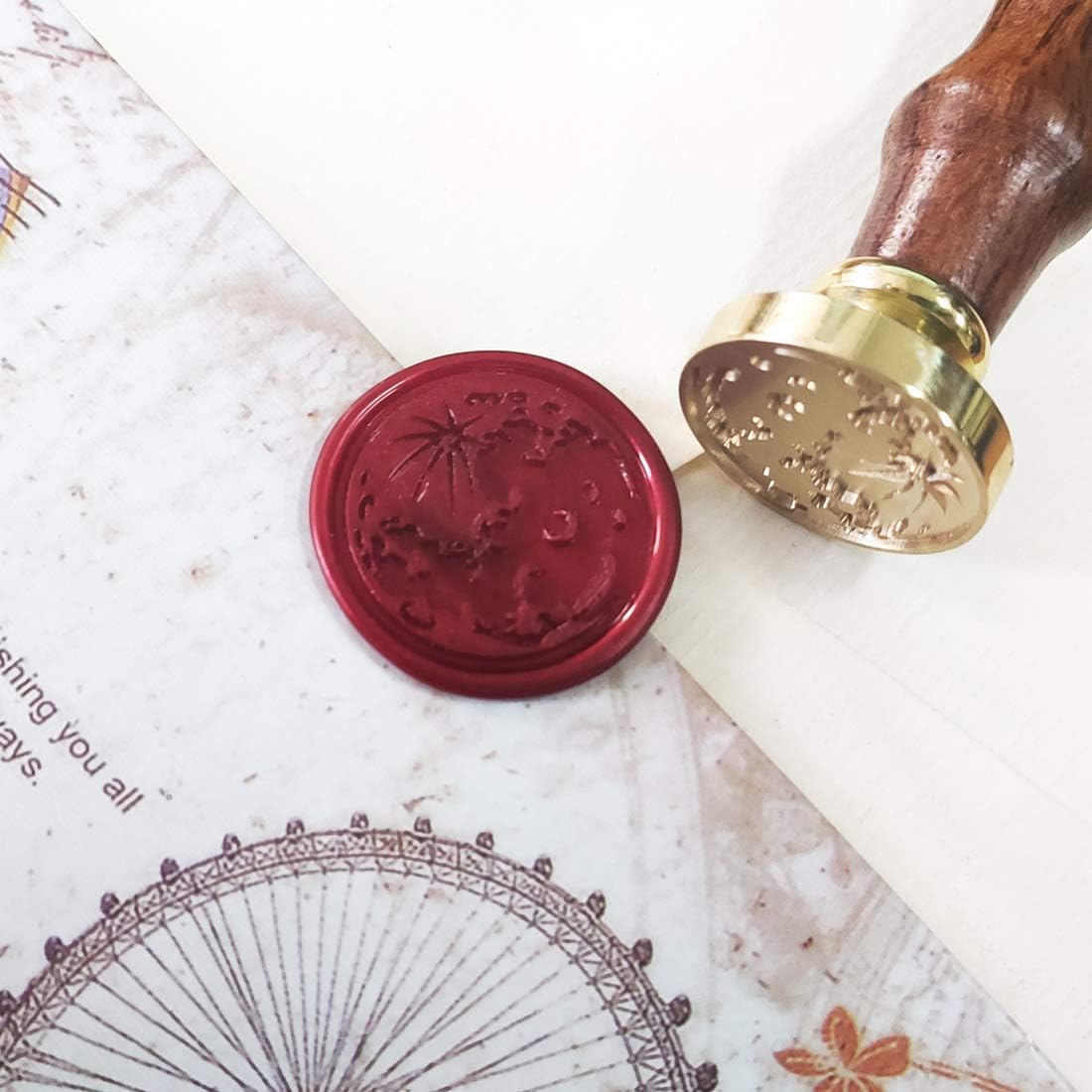 Wax Seal Stamp Kit, Set of 6 Sealing Wax Stamp with Brass Head Wooden Handle (Moon & Sun World Map Dinosaur Skeleton Bumblebee Octopus Design)