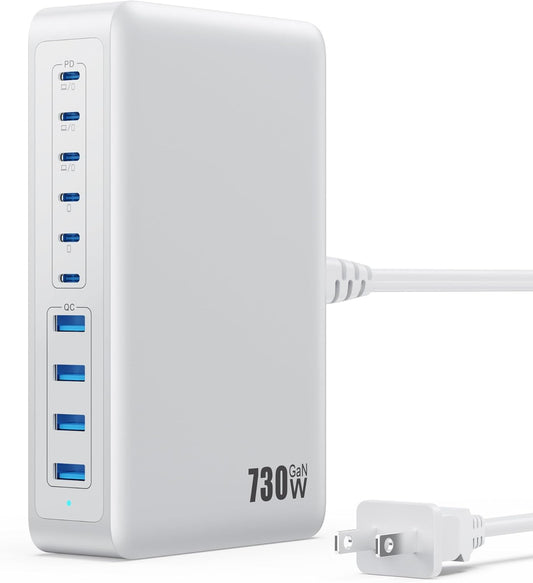 730W USB C Charger Block,10-Ports GaN V Fast Charging Station Hub,QC4.0+Three PD 100W Laptop Charger Wall Power Adapter for MacBook Pro/Air,DELL,iPhone 16/15/14,iPad,Galaxy S25,Pixel,Steam Desk etc