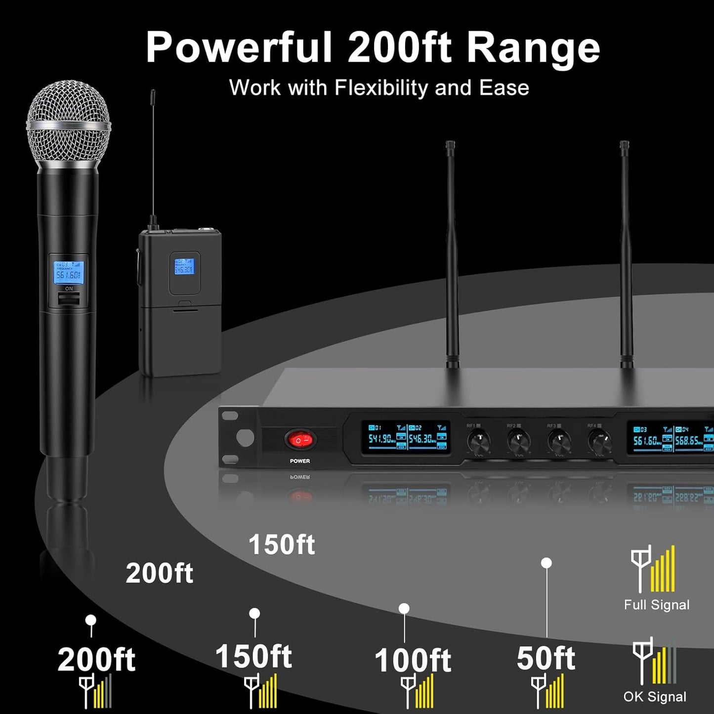 4-Channel Wireless Microphone System, Quad UHF Metal Cordless Mic, 2 Handheld Mics, 2 Bodypack Mics, Long Distance150-200Ft, Fixed Frequency, 16 Hours Use for Karaoke Singing, Church
