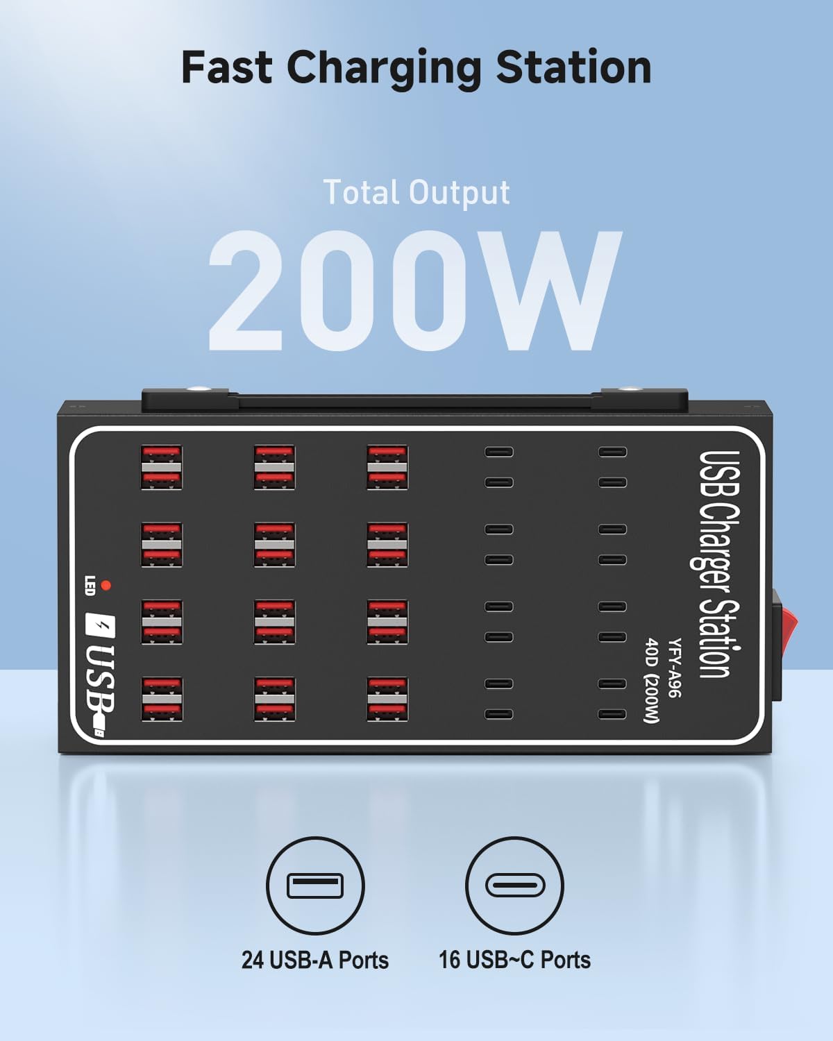 200W USB~c Charging Station, 40 Port (24 USB A & 16 USB~C Port) USB~C Charger Block, Fast Charging Station for Multiple Devices, Desktop USB Charger Compatible for iPhone, iPad, Tablets