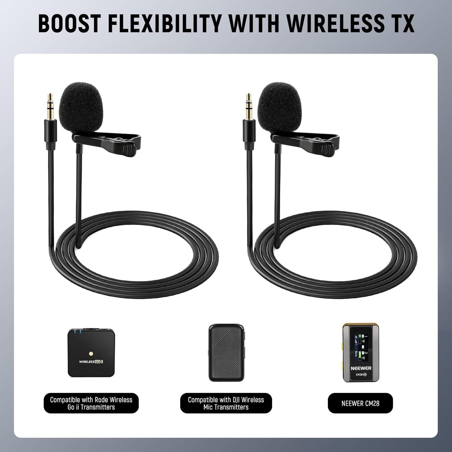 NEEWER 2 Pack Lavalier Lapel Microphone Compatible with DJI Wireless Mic Transmitters Rode Wireless GO II 2, Omnidirectional Condenser Wired Clip On Lav Mics for Stage YouTube Live Streaming, CM5