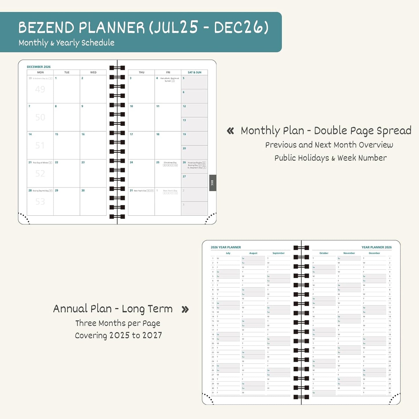 BEZEND Pocket Planner 2025-2026 Weekly and Monthly, 3.5" x 6" Academic Planner (Jul 25-Dec 26) 18-Month Mid-Year Calendar Book, Storage Pocket, Pen Holder, PU Leather Softcover, Spiral - Mint Green