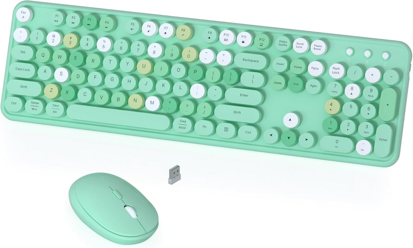 Colorful Wireless Keyboard and Mouse Combo, COVEVA 2.4GHz Wireless Retro Cute Round Keycaps Keyboard, 104 Keys Full-Sized Keyboard Mouse Set with Switch Button for PC Laptop Desktop (Green Colorful)