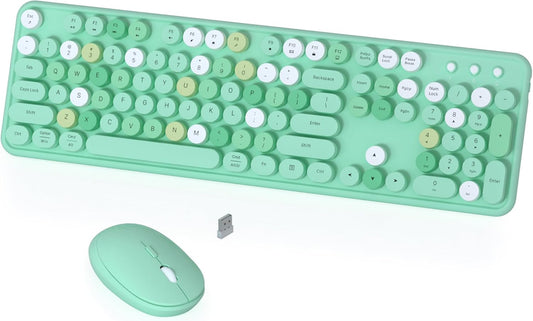 Colorful Wireless Keyboard and Mouse Combo, COVEVA 2.4GHz Wireless Retro Cute Round Keycaps Keyboard, 104 Keys Full-Sized Keyboard Mouse Set with Switch Button for PC Laptop Desktop (Green Colorful)