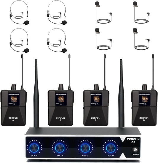 Pro Wireless Microphone System 4 Channel, UHF Cordless Handheld Headset Lavalier Lapel Mics for Church Karaoke Singing, 4x50 Adjustable Frequency(G8 Battery 4 Bodypack)