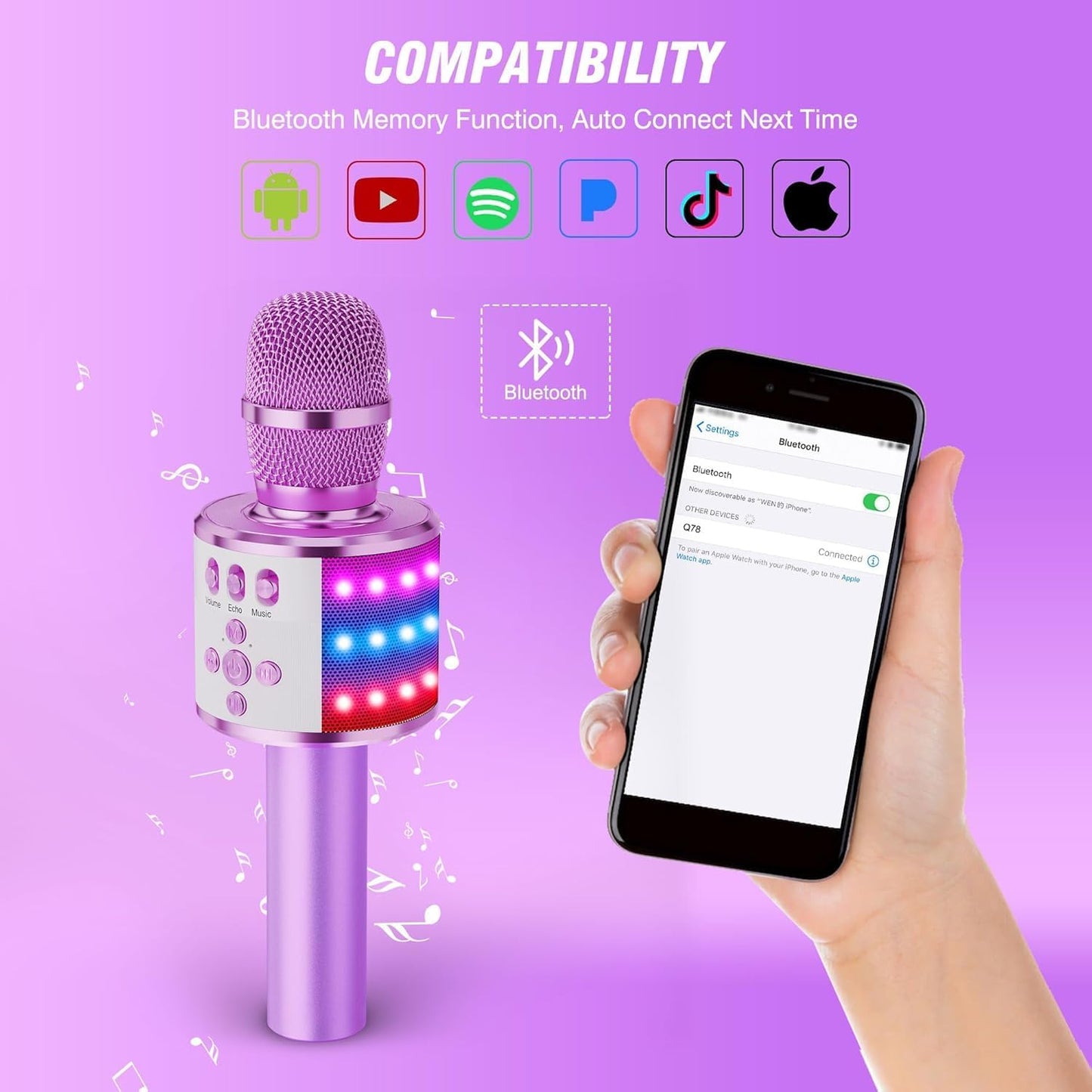 BONAOK Karaoke Microphone for Kids & Adults - Bluetooth Microphones Singing Mic with Disco Lights, Echo Effect, Built-in Speaker Portable Karaoke Player for Party Travel Gifts Q78(Light Purple)