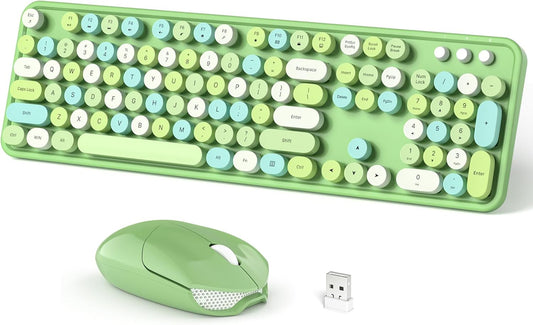 Wireless Keyboard and Mouse Combo, 104 Keys Full-Sized 2.4 GHz Round Keycap Colorful Keyboards, USB Receiver Plug and Play, for Windows, PC, Laptop, Desktop (Green Colorful)