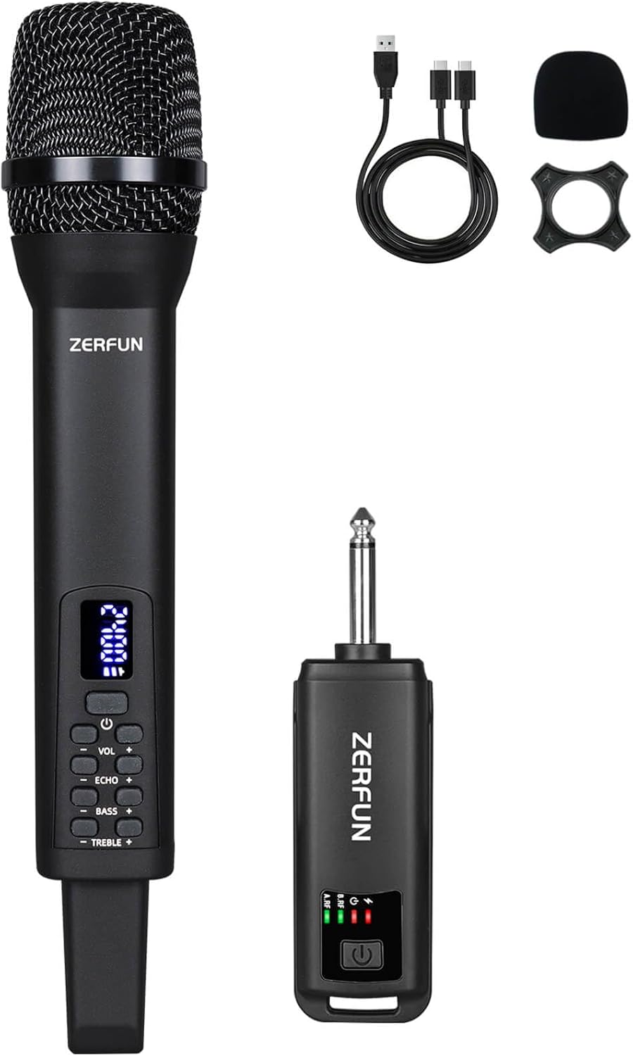 Rechargeable Wireless Microphone, Pro Handheld Cordless Mic System with Echo Treble BASS VOL Control for Karaoke Singing Church Party, 1/4'' Output, Black