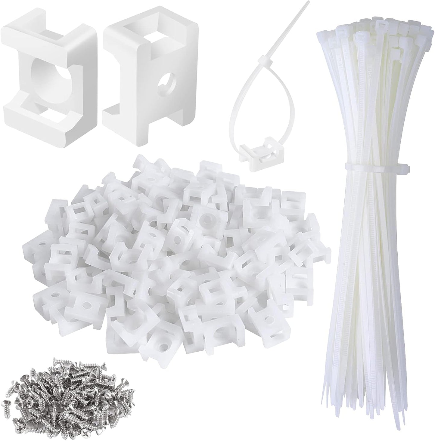 100 Pcs Cable Zip Tie Saddle Type Mounts Base with 8" Cable Ties Tapping Screw, Wire Cable Clips Organizer Holders Clamps White