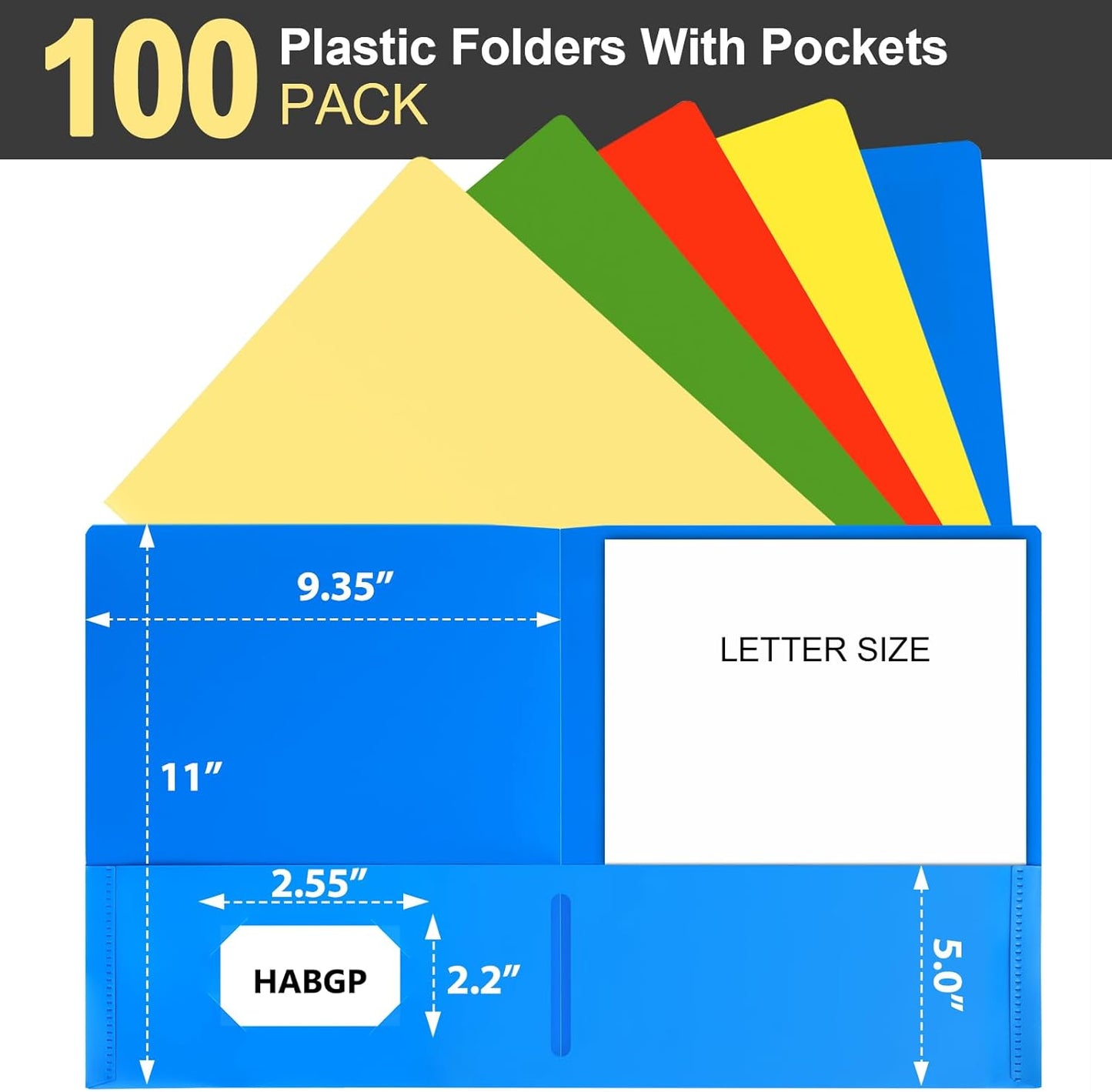Habgp 100 Pack Plastic Folders with Pockets, 5 Color Heavy Duty Two Pocket Folder Business Card Holder for Office High School, Business Resume