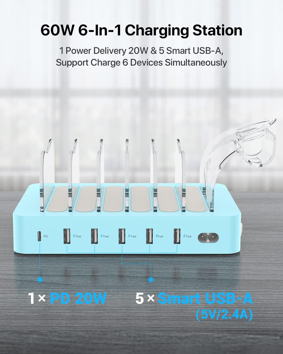 SooPii 60W 6-Port PD Charging Station for Multiple Devices, 20W PD USB C Fast Charging for lPhone 14/13/12,6 Short Cables Included, 2 in 1 Holder,for Phones,Tablets and Others…