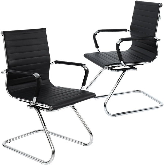 Reception Chairs No Wheels Leather Conference Chair Heavy Duty Back Support Office Guest Chair, Set of 2 (Black)