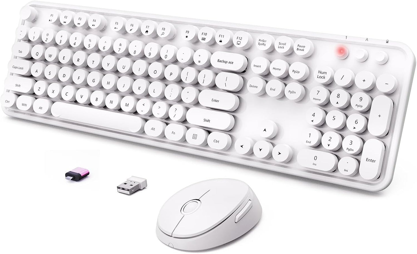 Wireless Keyboard and Mouse Combo, Ergonomic Full Size Typewriter Retro Round Keycaps Keyboard, Compatible with Windows, PC, Perfer for Home and Office Keyboards（White）
