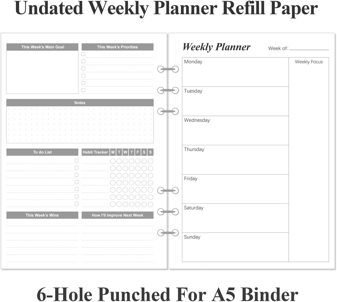 Weekly Planner Refills for A5 Binders - 53 Sheets/106 Pages Undated Weekly Planner, 6-Hole Punched, 100 gsm White Paper, Lasts 1 Year, Undated, 5.8" x 8.3", Black