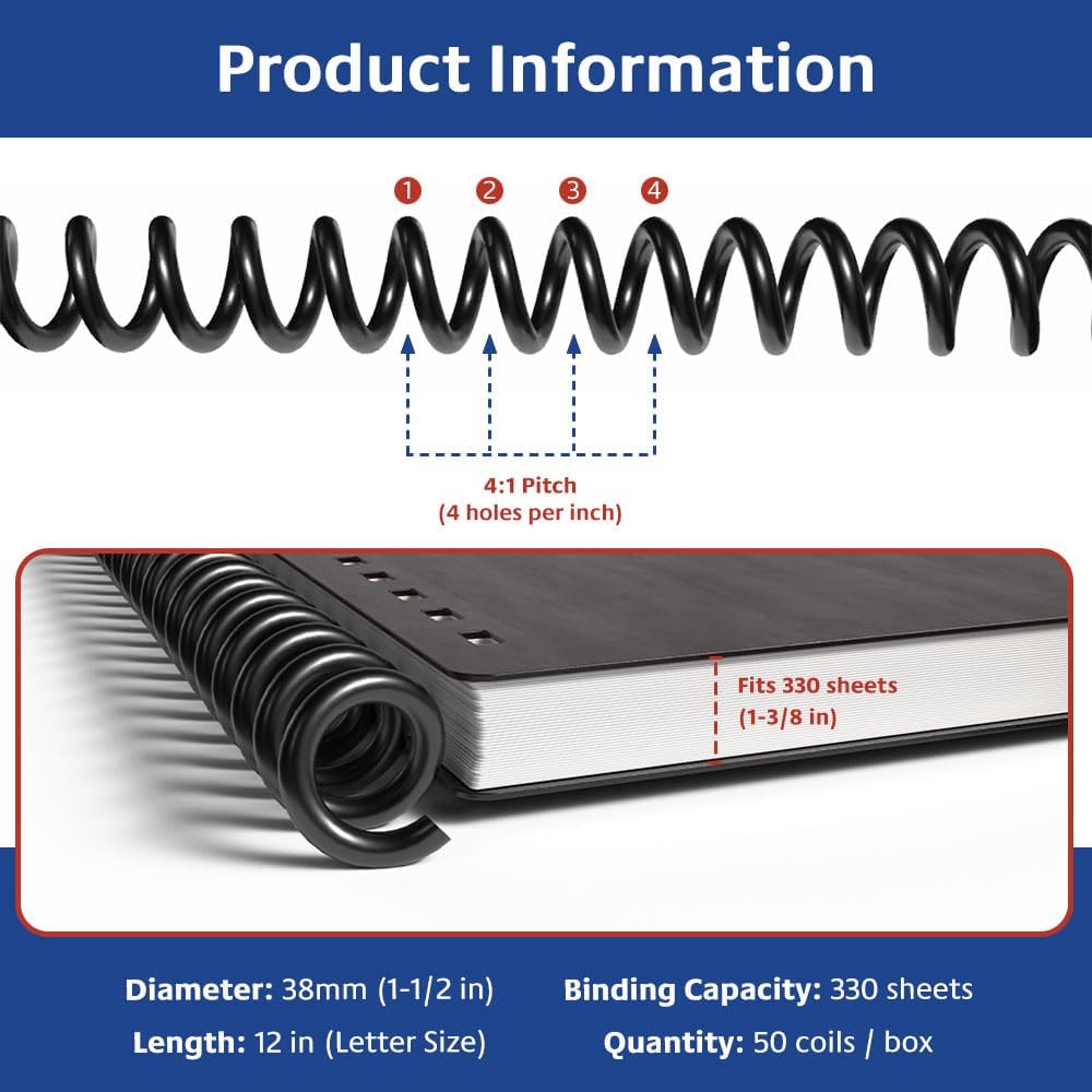 TruBind 38mm (1-1/2 in.) Spiral Binding Coils for Reports, Presentations and Proposals | 4:1 Pitch | 12 in. Length | Black | 330 Sheets Binding Capacity | 50 Pack