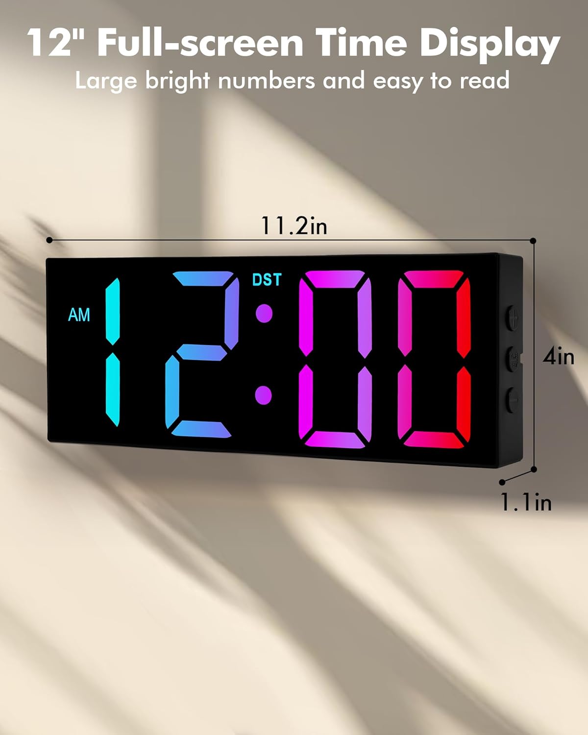 Alampan 12" Large Digital Wall Clock with Remote Control, RGB LED Clock with Full Screen Display, Big Numbers, for Classroom, Living Room, Elderly, Wall Mounted, DST, KSJ-01, Black