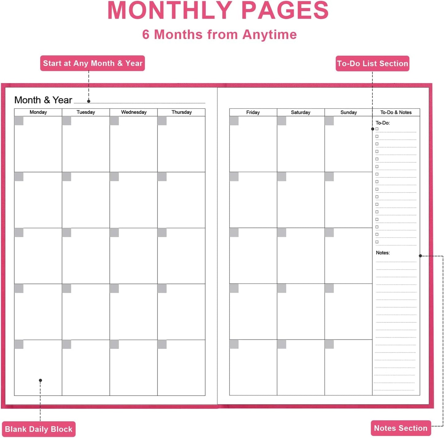 Daily & Monthly Planner for 2025 2026 or Anytime - ADHD Planner Two Pages Per Day, Daily Planner Undated to Increase Focus, Eliminate Overwhelm, Achieve Your Biggest Goals, 5.8'' × 8.3'', Pink
