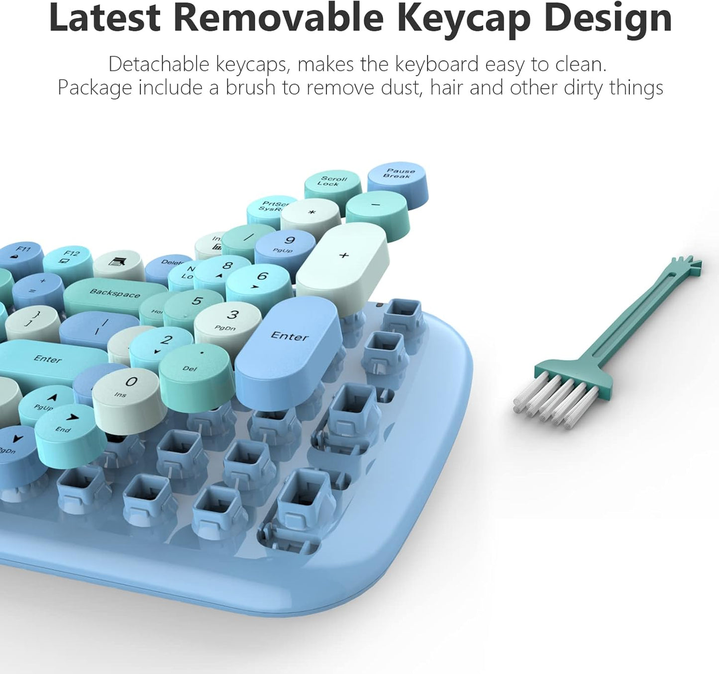 Wireless Keyboard and Mouse Combo, MOWUX - Modern Compact Layout, Colorful Compact Candy Mouse and Retro Round Keyboard Set with Cover, for PC/Laptop/Windows/Mac - Blue Colorful