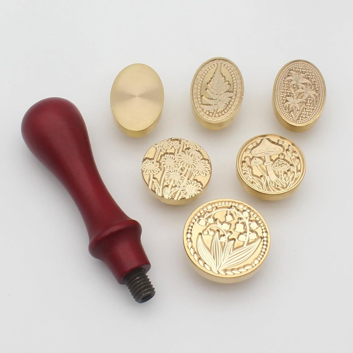 Wax Seal Stamp Kit, 6 Pcs Wax Seal Stamp Head 1 Wooden Hilt Letter Wax Seal Kit, Sealing Wax Stamp Seal Set Include Lily/Daisy/Mushroom/Oval Blank Envelope Sealing Wax Stamps for Wedding Invitation