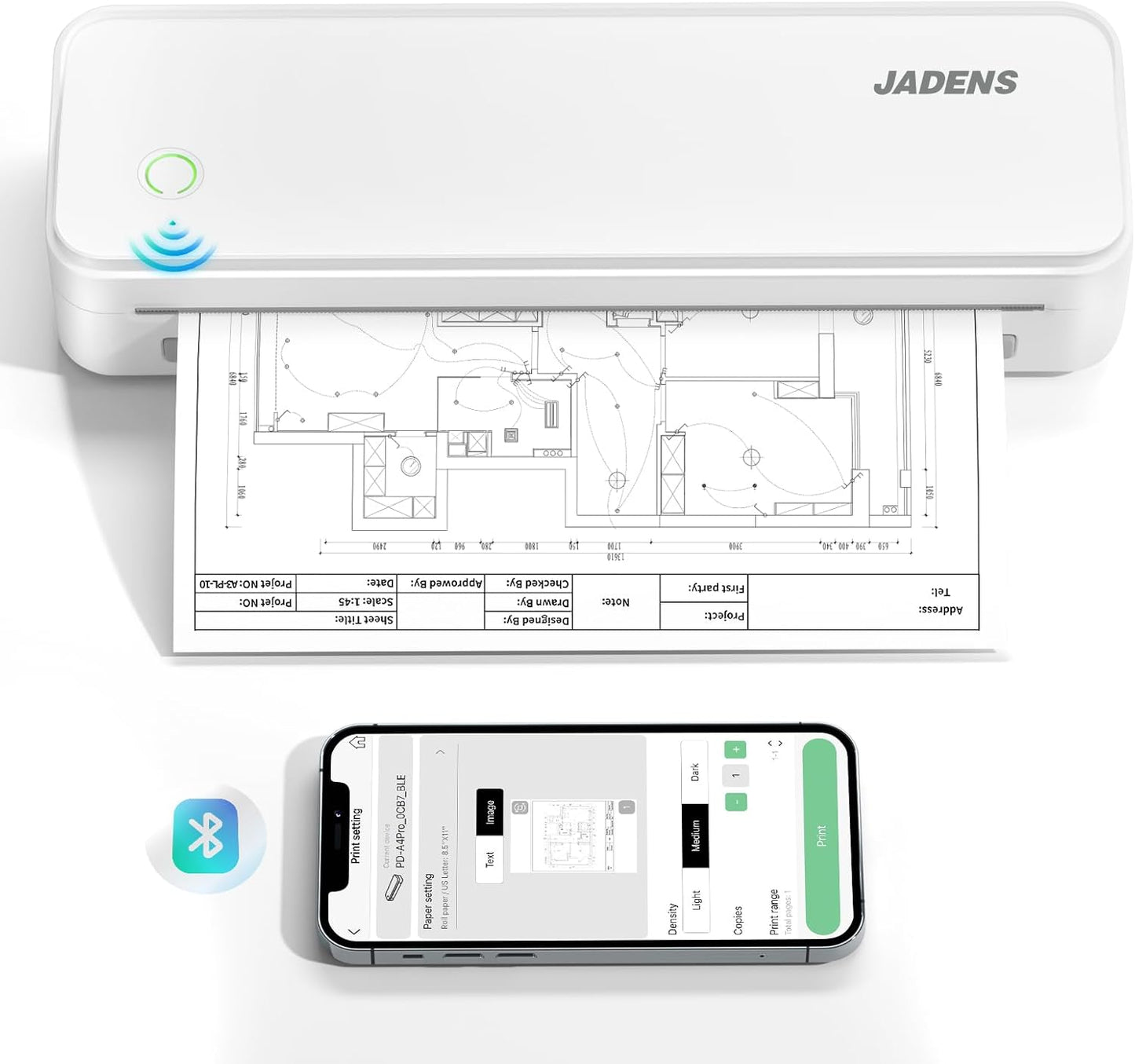 JADENS Portable Printers Wireless for Travel, Thermal Inkless Printer, Support 8.5" X 11" Thermal Paper, Compatible with iOS, Android & Laptop