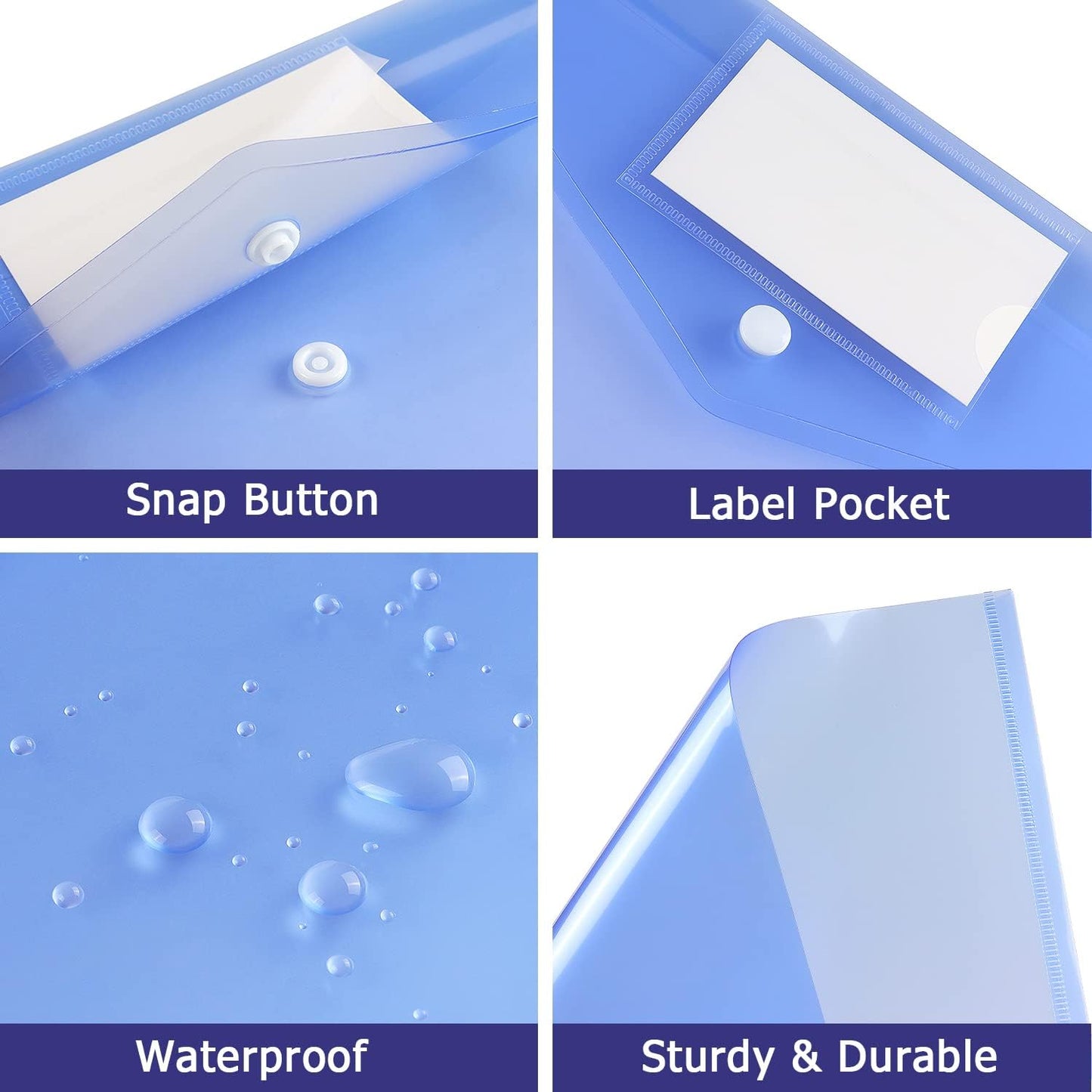 6 Pack Clear Document Folders Plastic Envelopes Poly Envelopes File Envelopes with Label Pocket and Snap Button for Home Work Office Organization, Letter Size/A4 Size (Blue)
