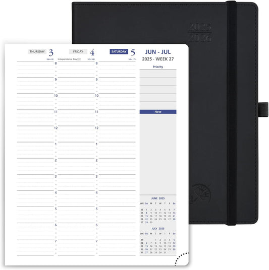 POPRUN Weekly Planner 2025-2026, 7.25'' x 8.5'', 15-Minute Hourly Appointment Book (July 2025-June 2026) with PU Leather Softcover, Monthly Tabs, Inner Pocket - Black