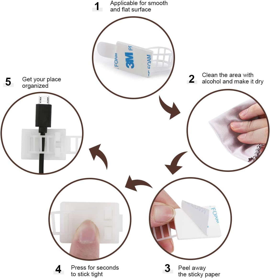 Adhesive Cable Management Clips, 50Pcs Adjustable Nylon Cable Strap Ties Wire Clips Clamps Organizer with Strong Adhesive Tape, Extra Screw & Hole for Strong Fixation Home Office - 3.35 Inch White
