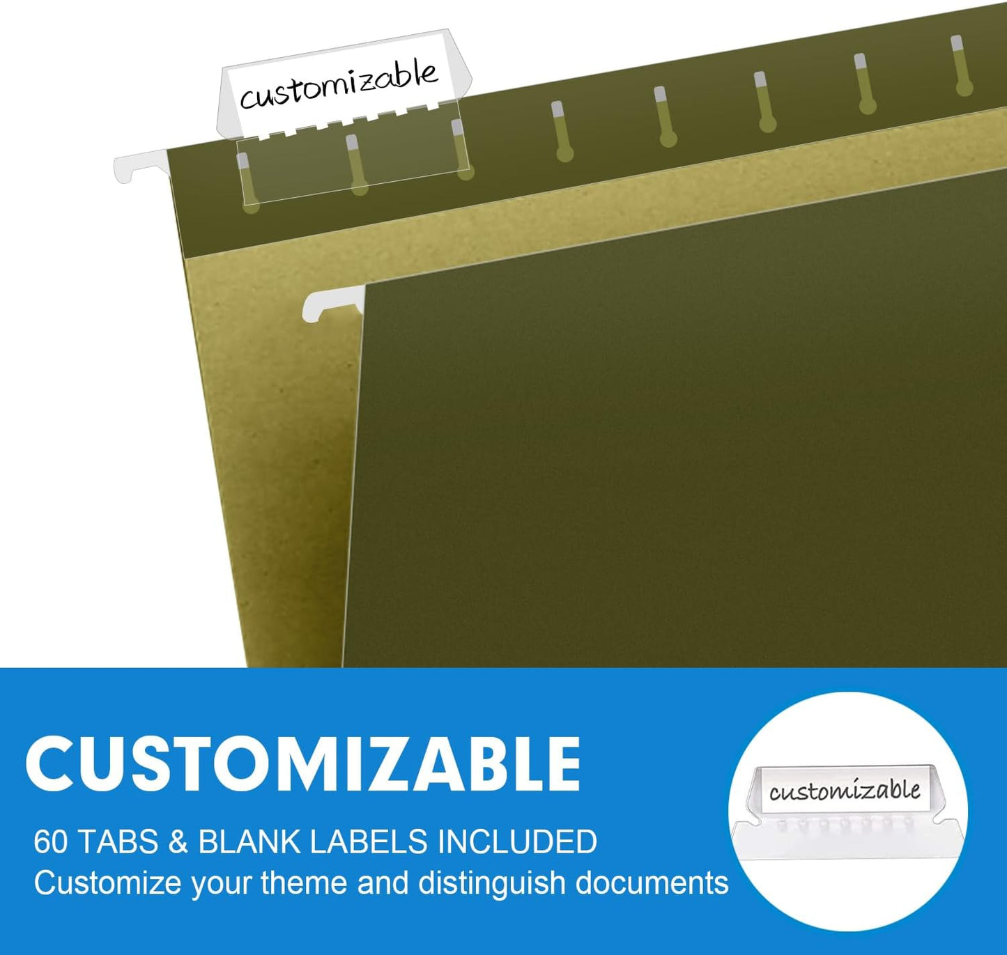 Extra Capacity Hanging File Folders, RAZCC 60 Pack Letter Size Reinforced Hanging Folders with Heavy Duty 2 Inch Expansion for Bulky Files, Filing Cabinet, Adjustable Tabs, Green