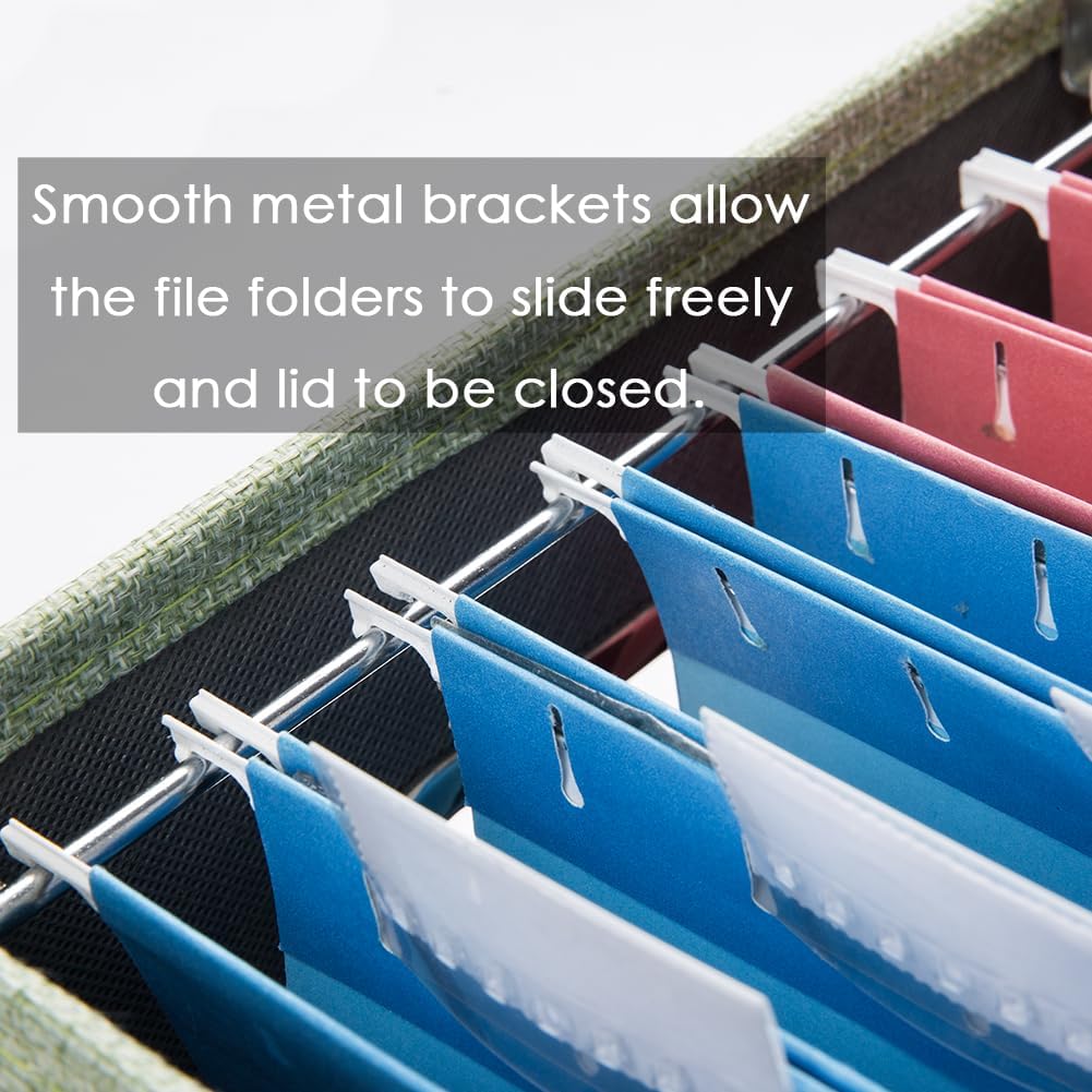 PRANDOM File Organizer Box - Set of 4 Collapsible Decorative Linen Filing Storage Hanging File Folders with Lids Office Cabinet Letter/Legal Size Green 17.1x14x11.1 inch