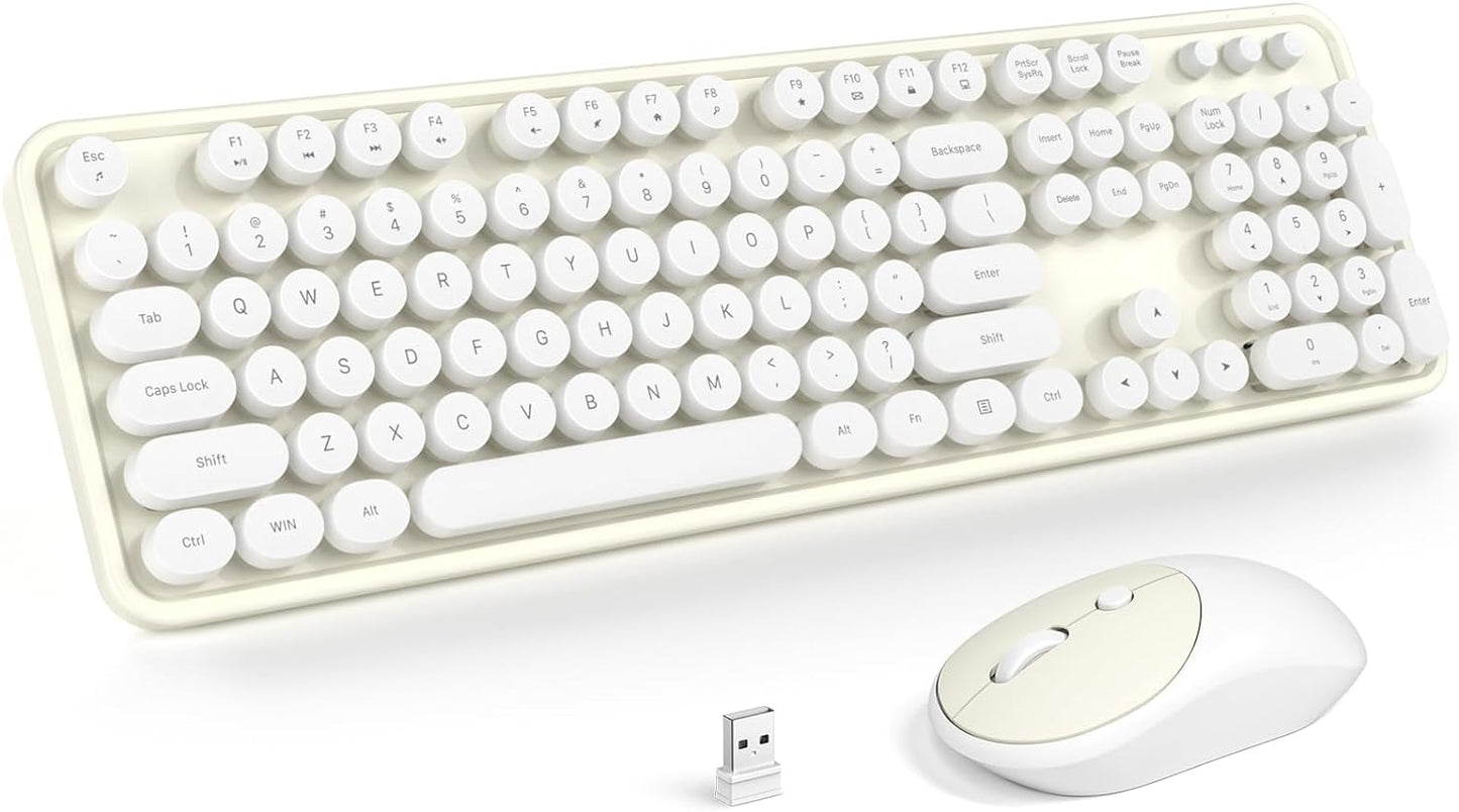 MOFII Wireless Keyboard and Mouse Combo, Computer Full Size 2.4G Plug and Play Wireless Typewriter Retro Round Keyboard and Mouse Set for Windows, Computer, Desktop, PC, Notebook - (Off White)