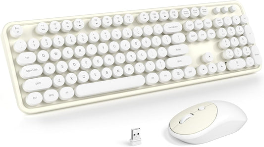 MOFII Wireless Keyboard and Mouse Combo, Computer Full Size 2.4G Plug and Play Wireless Typewriter Retro Round Keyboard and Mouse Set for Windows, Computer, Desktop, PC, Notebook - (Off White)