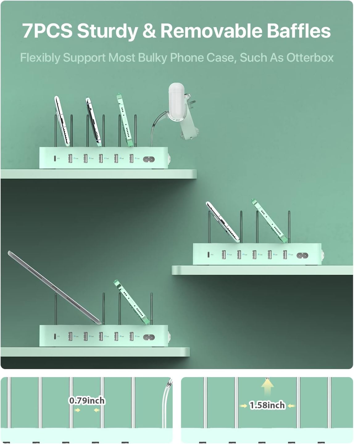 SooPii 60W/12A 6-Port Charging Station for Multiple Devices, PD 20W USB C Fast Charging for lPhone 14/13/12,6 Short Cables Included, 2 in 1 Holder,for Phones,Tablets and Others