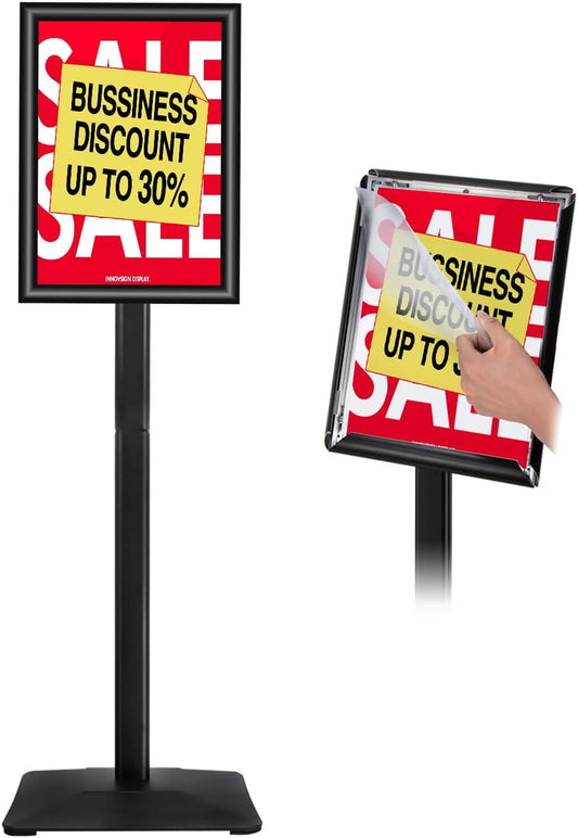 Heavy Duty Adjustable Pedestal Poster Sign Stand, 11x17 Aluminum Open Floor Standing Sign Holder for Vertical and Horizontal View Display, Black