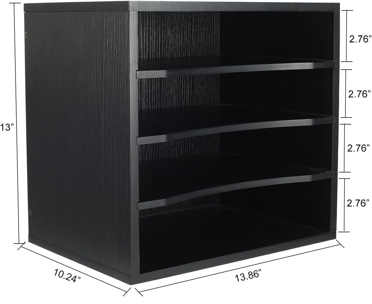 PAG Mail Sorter Organizer, Wood Countertop Literature Organizer, Office Supplies Desktop File Bill Paper Organizer for Office Home School, 4 Compartments, Black