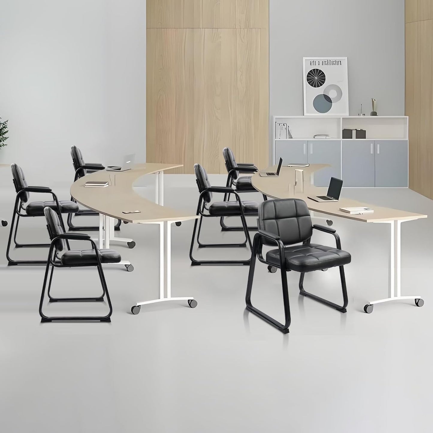 CLATINA Waiting Room Guest Chair with Bonded Leather Padded Arm Rest for Office Reception and Conference Desk Black with Sled Base 8 Pack