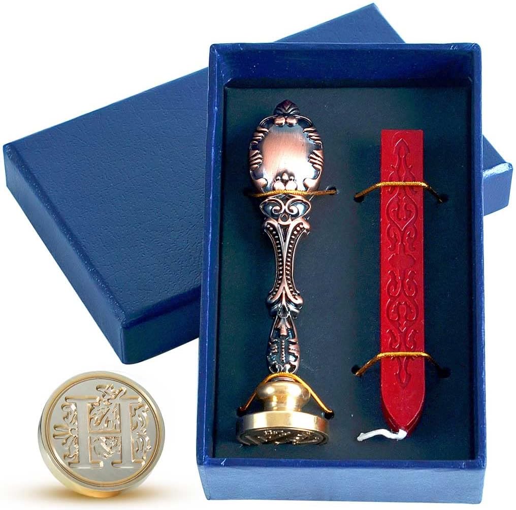 Wax Seal Stamp kit, Envelope Wax Seals DIY Kit - Retro Sealing Wax Candle + Classic Initial Alphabet Seal Wax Seal Stamp Letter H - in Blue Gift Box